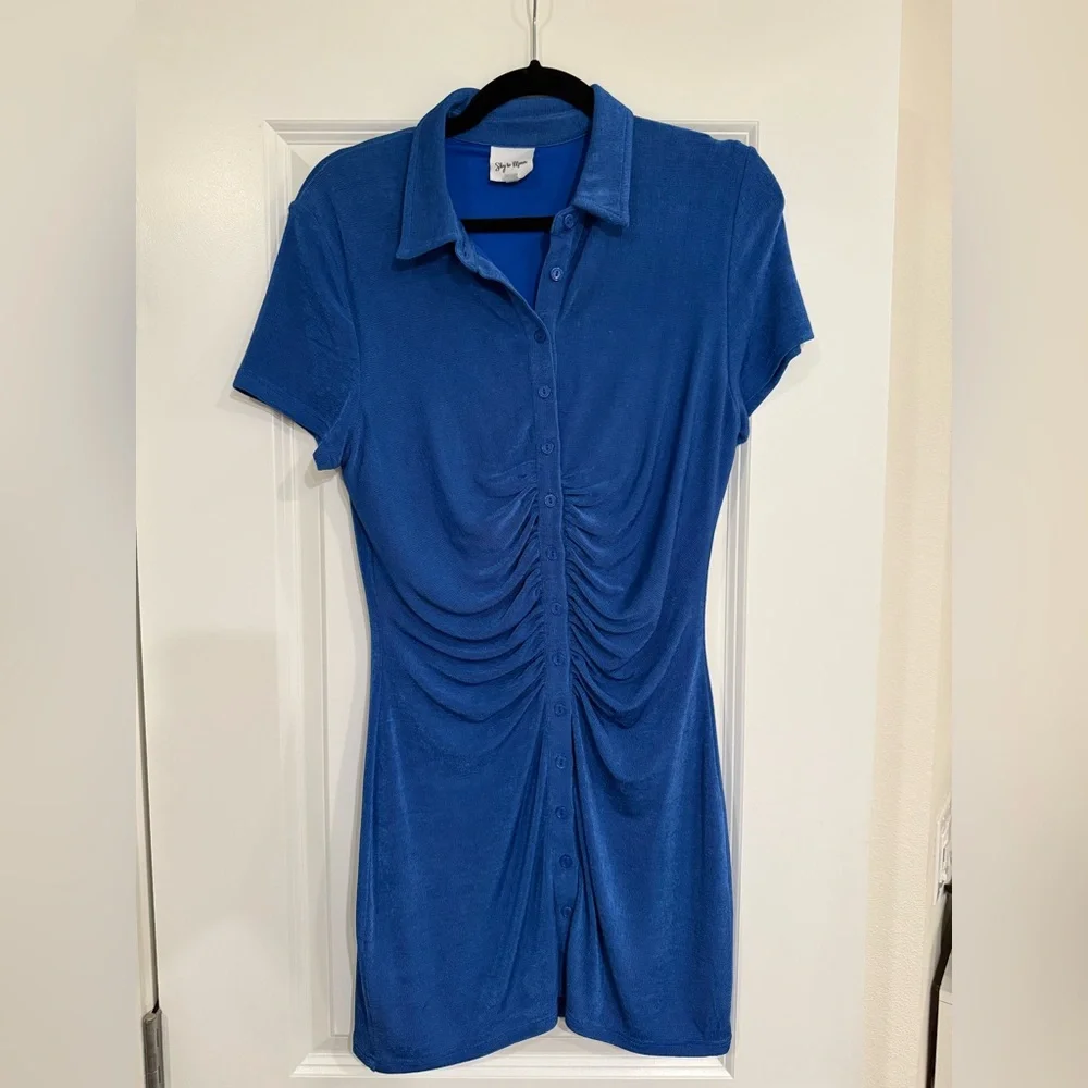 Blue Button-Up Collared Dress mini sparkly blue size L - Picture 1 of 4